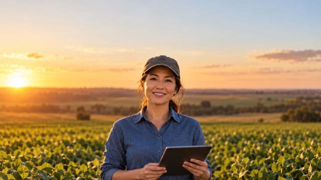 Engenheira agrônoma sorrindo, com camisa azul de mangas compridas e boné, segurando um tablet, em uma plantação extensa no fim da tarde