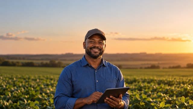 Engenheiro agrônomo sorrindo, com camisa azul de mangas compridas e boné, segurando um tablet, em uma plantação extensa no fim da tarde