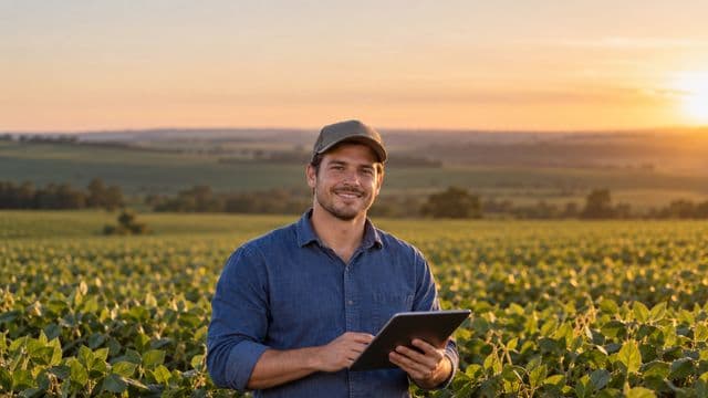 Engenheiro agrônomo sorrindo, com camisa azul de mangas compridas e boné, segurando um tablet, em uma plantação extensa no fim da tarde