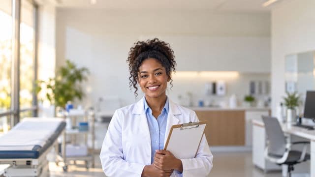Profissional de saúde sorrindo, com jaleco branco sobre camisa azul-clara, segurando uma prancheta, em uma clínica moderna e bem iluminada