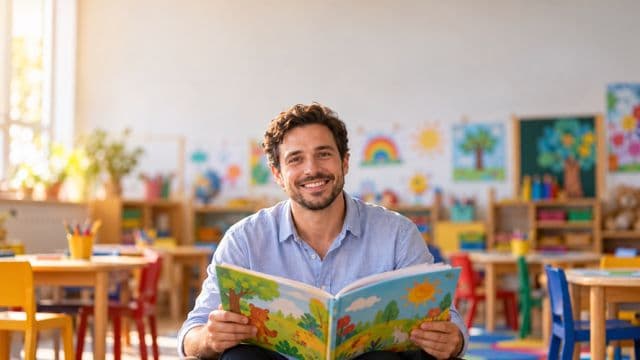 Professor de educação infantil sorrindo, com camisa casual azul-clara, segurando um livro infantil colorido sem título, em uma sala de aula infantil alegre, com mesinhas e desenhos nas paredes
