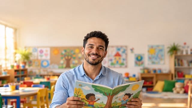 Professor de educação infantil sorrindo, com camisa casual azul-clara, segurando um livro infantil colorido sem título, em uma sala de aula infantil alegre, com mesinhas e desenhos nas paredes