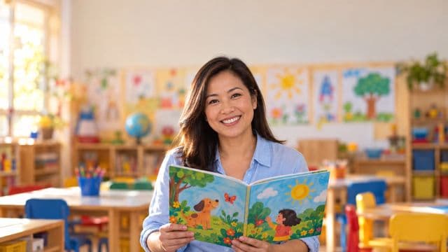 Professora de educação infantil sorrindo, com camisa casual azul-clara, segurando um livro infantil colorido sem título, em uma sala de aula infantil alegre, com mesinhas e desenhos nas paredes