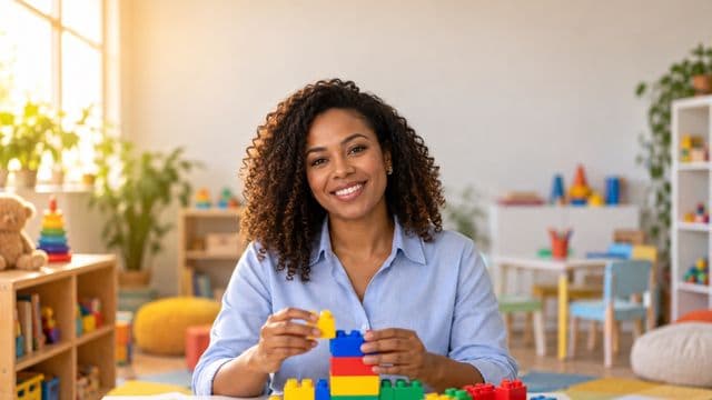 Psicopedagoga sorrindo, com camisa azul-clara, segurando blocos de montar coloridos, em uma sala de atendimento infantil colorida e organizada, com brinquedos pedagógicos