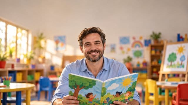 Professor de educação infantil sorrindo, com camisa casual azul-clara, segurando um livro infantil colorido sem título, em uma sala de aula infantil alegre, com mesinhas e desenhos nas paredes