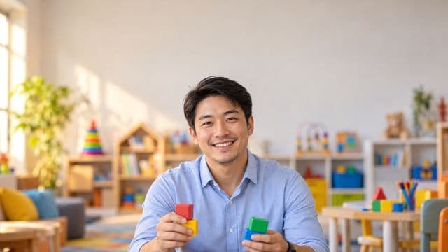 Psicopedagogo sorrindo, com camisa azul-clara, segurando blocos de montar coloridos, em uma sala de atendimento infantil colorida e organizada, com brinquedos pedagógicos