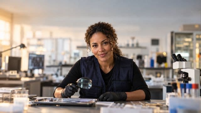 Perita criminal sorrindo, com colete azul-escuro de perícia sobre camisa preta e luvas, segurando uma lupa, em um laboratório de perícia forense