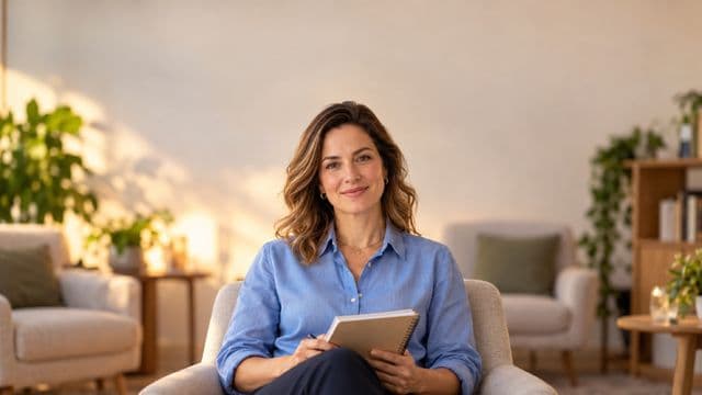 Psicóloga sorrindo, com camisa social azul, sem gravata, segurando um caderno de anotações, em um consultório de psicologia aconchegante com poltronas e plantas