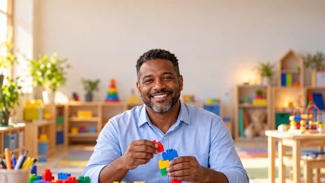 Psicopedagogo sorrindo, com camisa azul-clara, segurando blocos de montar coloridos, em uma sala de atendimento infantil colorida e organizada, com brinquedos pedagógicos