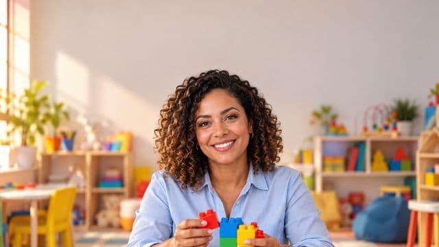 Psicopedagoga sorrindo, com camisa azul-clara, segurando blocos de montar coloridos, em uma sala de atendimento infantil colorida e organizada, com brinquedos pedagógicos
