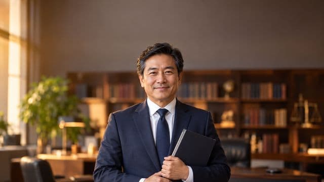 Advogado sorrindo, com terno azul-marinho e camisa branca, segurando um livro de capa lisa, em um escritório de advocacia elegante com estantes de livros