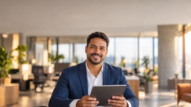 Profissional sorrindo, com blazer azul sobre camisa branca, segurando um tablet, em um escritório moderno e bem iluminado