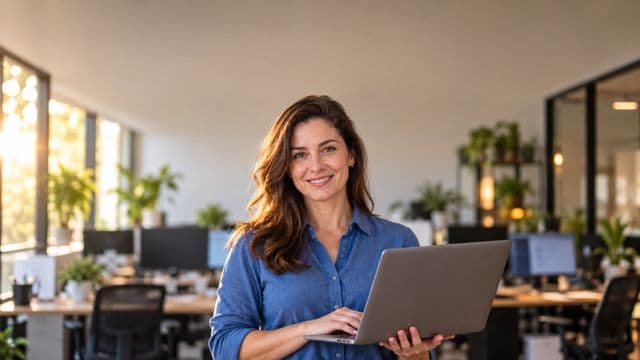 Desenvolvedora de software sorrindo, com camisa casual azul, segurando um notebook aberto, em um escritório de tecnologia moderno com monitores desfocados