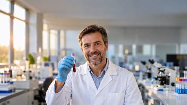 Biomédico sorrindo, com jaleco branco e luvas azuis, segurando um tubo de ensaio, em um laboratório de análises clínicas com microscópios e bancadas