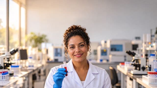 Biomédica sorrindo, com jaleco branco e luvas azuis, segurando um tubo de ensaio, em um laboratório de análises clínicas com microscópios e bancadas
