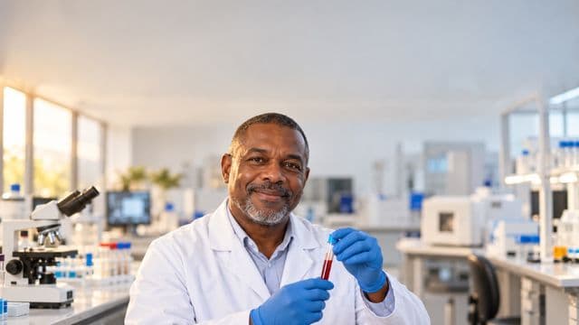 Biomédico sorrindo, com jaleco branco e luvas azuis, segurando um tubo de ensaio, em um laboratório de análises clínicas com microscópios e bancadas