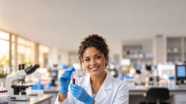 Biomédica sorrindo, com jaleco branco e luvas azuis, segurando um tubo de ensaio, em um laboratório de análises clínicas com microscópios e bancadas