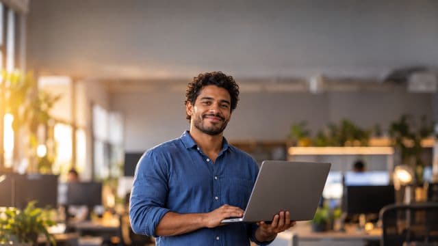 Desenvolvedor de software sorrindo, com camisa casual azul, segurando um notebook aberto, em um escritório de tecnologia moderno com monitores desfocados