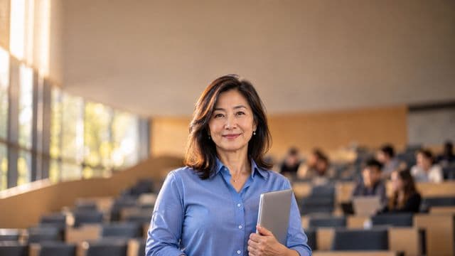 Professora universitária sorrindo, com camisa social azul, segurando um notebook, em um auditório universitário moderno
