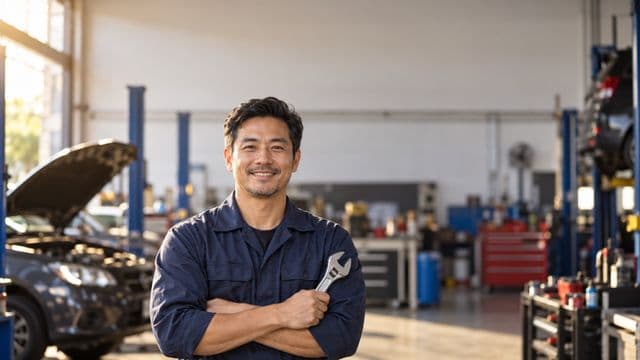 Mecânico sorrindo, com macacão azul-marinho, segurando uma chave inglesa, em uma oficina mecânica moderna e organizada