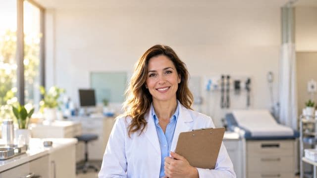 Profissional de saúde sorrindo, com jaleco branco sobre camisa azul-clara, segurando uma prancheta, em uma clínica moderna e bem iluminada
