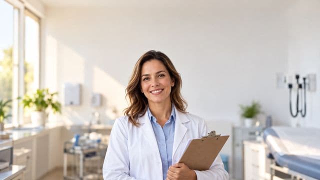 Profissional de saúde sorrindo, com jaleco branco sobre camisa azul-clara, segurando uma prancheta, em uma clínica moderna e bem iluminada