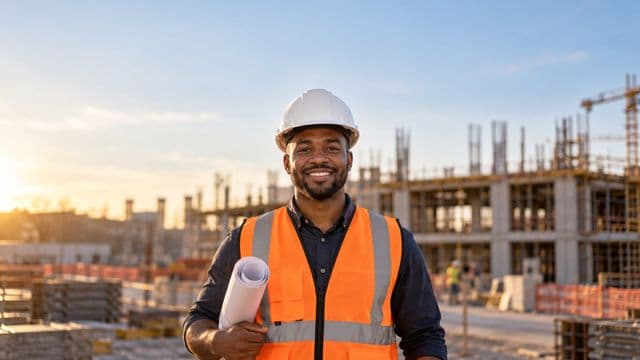 Engenheiro civil sorrindo, com capacete branco e colete refletivo laranja, segurando uma planta da obra enrolada, em um canteiro de obras com a estrutura de um prédio