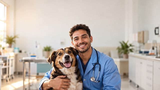 Médico veterinário sorrindo, com jaleco azul e estetoscópio, segurando com carinho um cachorro de porte médio, em uma clínica veterinária moderna e clara