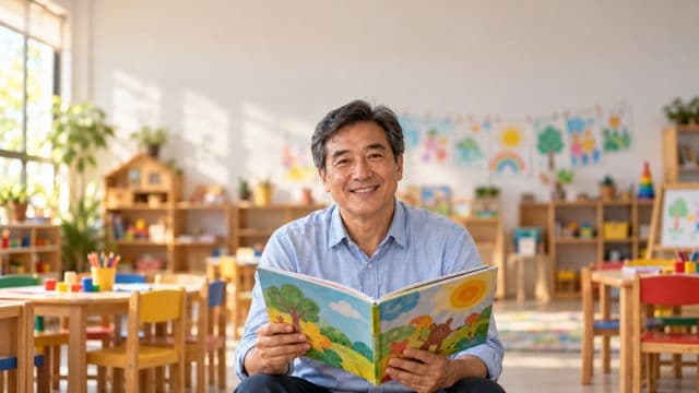 Professor de educação infantil sorrindo, com camisa casual azul-clara, segurando um livro infantil colorido sem título, em uma sala de aula infantil alegre, com mesinhas e desenhos nas paredes