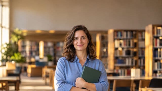 Professora de ciências humanas sorrindo, com camisa social azul, segurando um livro de capa lisa, em uma biblioteca universitária com estantes