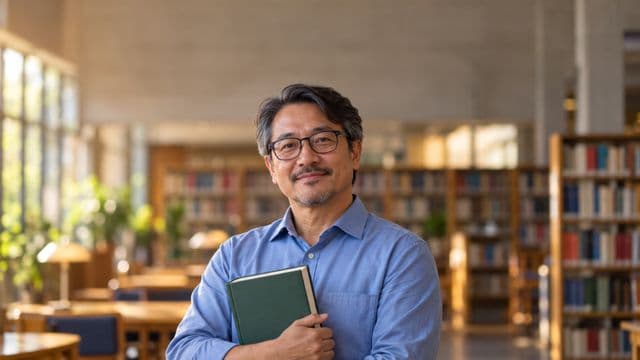 Professor de ciências humanas sorrindo, com camisa social azul, segurando um livro de capa lisa, em uma biblioteca universitária com estantes