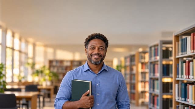 Professor de ciências humanas sorrindo, com camisa social azul, segurando um livro de capa lisa, em uma biblioteca universitária com estantes