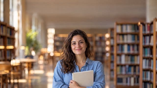 Professora de ciências humanas sorrindo, com camisa social azul, segurando um livro de capa lisa, em uma biblioteca universitária com estantes
