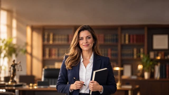 Advogada sorrindo, com terno azul-marinho e camisa branca, segurando um livro de capa lisa e uma caneta, em um escritório de advocacia elegante com estantes de livros