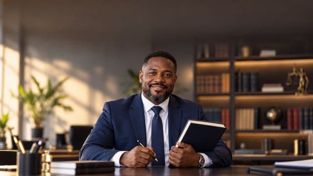 Advogado sorrindo, com terno azul-marinho e camisa branca, segurando um livro de capa lisa e uma caneta, em um escritório de advocacia elegante com estantes de livros
