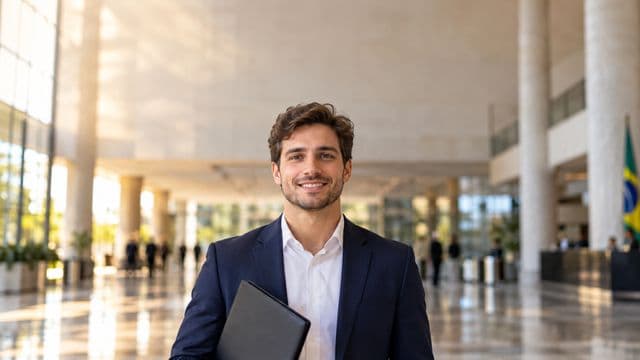 Servidor público sorrindo, com blazer azul-marinho sobre camisa branca, segurando uma pasta, em o saguão amplo de um prédio público moderno