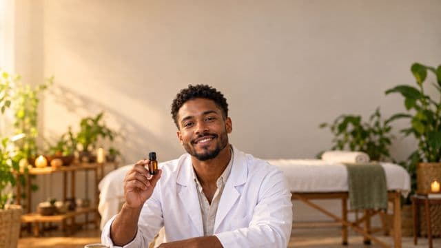 Terapeuta integrativo sorrindo, com jaleco branco, segurando um frasco de óleo essencial, em uma sala de terapia serena com maca e plantas