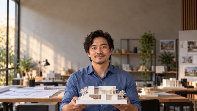 Arquiteto sorrindo, com camisa social azul, segurando uma pequena maquete branca, em um escritório de arquitetura com pranchetas e maquetes