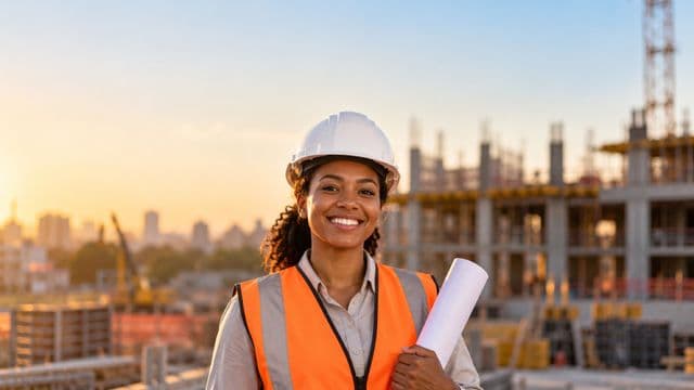 Engenheira civil sorrindo, com capacete branco e colete refletivo laranja, segurando uma planta da obra enrolada, em um canteiro de obras com a estrutura de um prédio