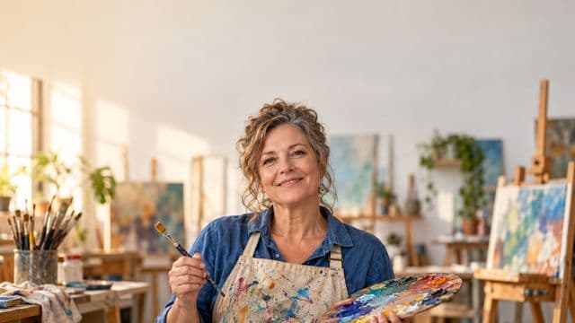 Arte-educadora sorrindo, com avental de ateliê sobre camisa azul, segurando um pincel e uma paleta de cores, em um ateliê de artes claro com telas e cavaletes