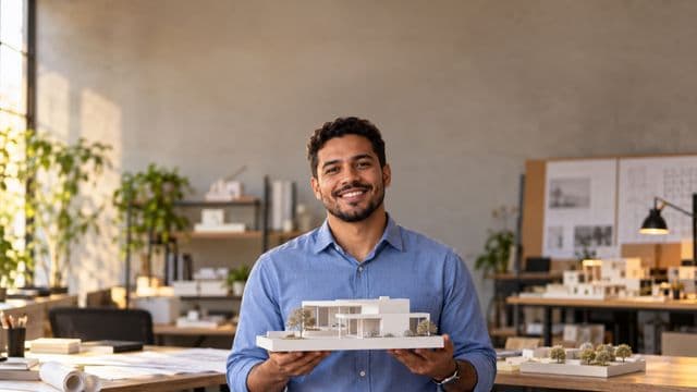 Arquiteto sorrindo, com camisa social azul, segurando uma pequena maquete branca, em um escritório de arquitetura com pranchetas e maquetes