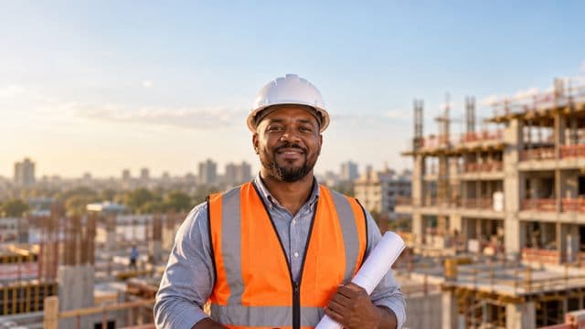 Engenheiro civil sorrindo, com capacete branco e colete refletivo laranja, segurando uma planta da obra enrolada, em um canteiro de obras com a estrutura de um prédio