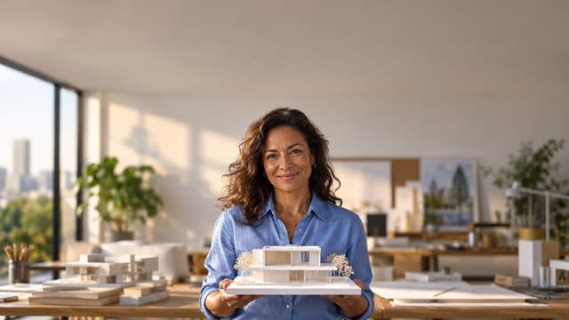 Arquiteta sorrindo, com camisa social azul, segurando uma pequena maquete branca, em um escritório de arquitetura com pranchetas e maquetes