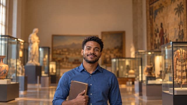 Professor de história sorrindo, com camisa social azul, segurando um livro antigo de capa lisa, em um museu histórico com vitrines desfocadas
