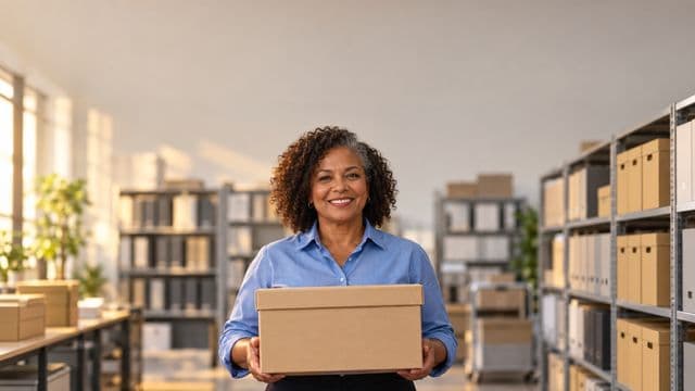 Arquivista sorrindo, com camisa social azul, segurando uma caixa de arquivo, em um arquivo moderno com estantes organizadas