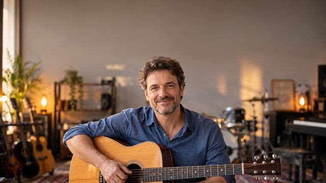 Professor de música sorrindo, com camisa casual azul, segurando um violão, em uma sala de música com instrumentos