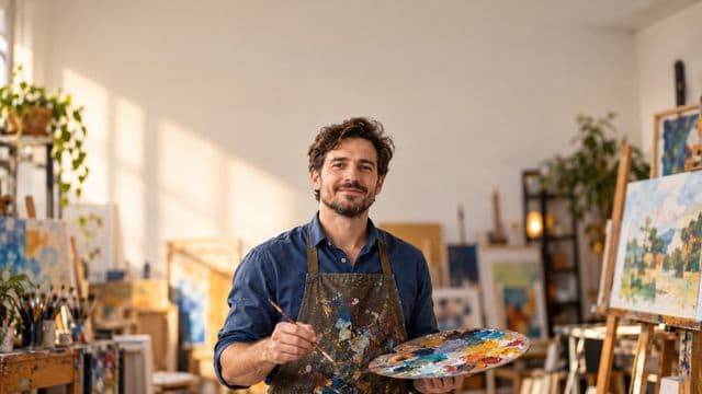 Arte-educador sorrindo, com avental de ateliê sobre camisa azul, segurando um pincel e uma paleta de cores, em um ateliê de artes claro com telas e cavaletes