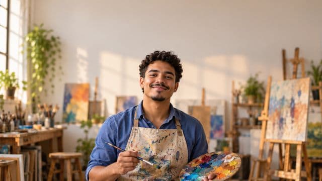 Arte-educador sorrindo, com avental de ateliê sobre camisa azul, segurando um pincel e uma paleta de cores, em um ateliê de artes claro com telas e cavaletes