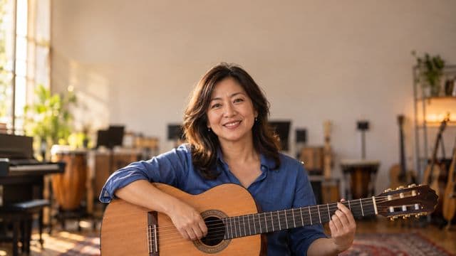Professora de música sorrindo, com camisa casual azul, segurando um violão, em uma sala de música com instrumentos