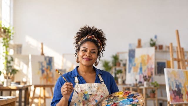 Arte-educadora sorrindo, com avental de ateliê sobre camisa azul, segurando um pincel e uma paleta de cores, em um ateliê de artes claro com telas e cavaletes